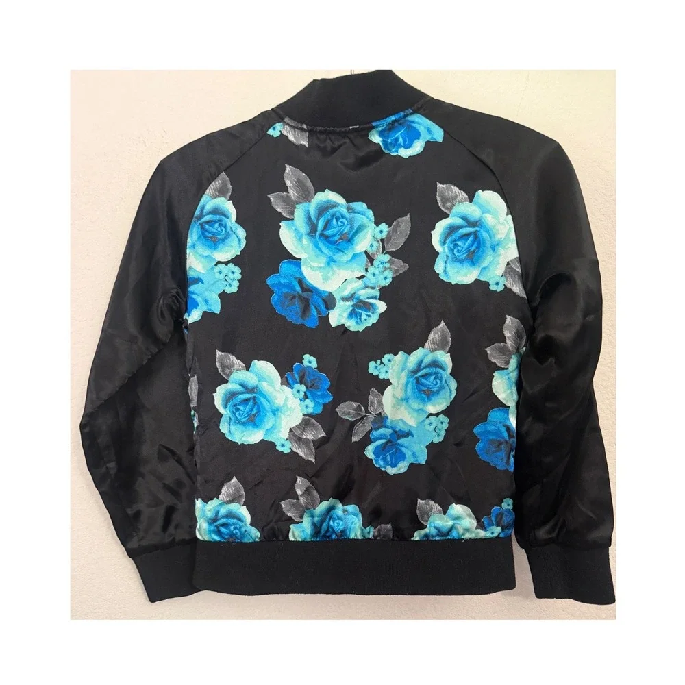 Justice Girls Black Blue Teal Floral Satin Bomber Jacket Size 8/10